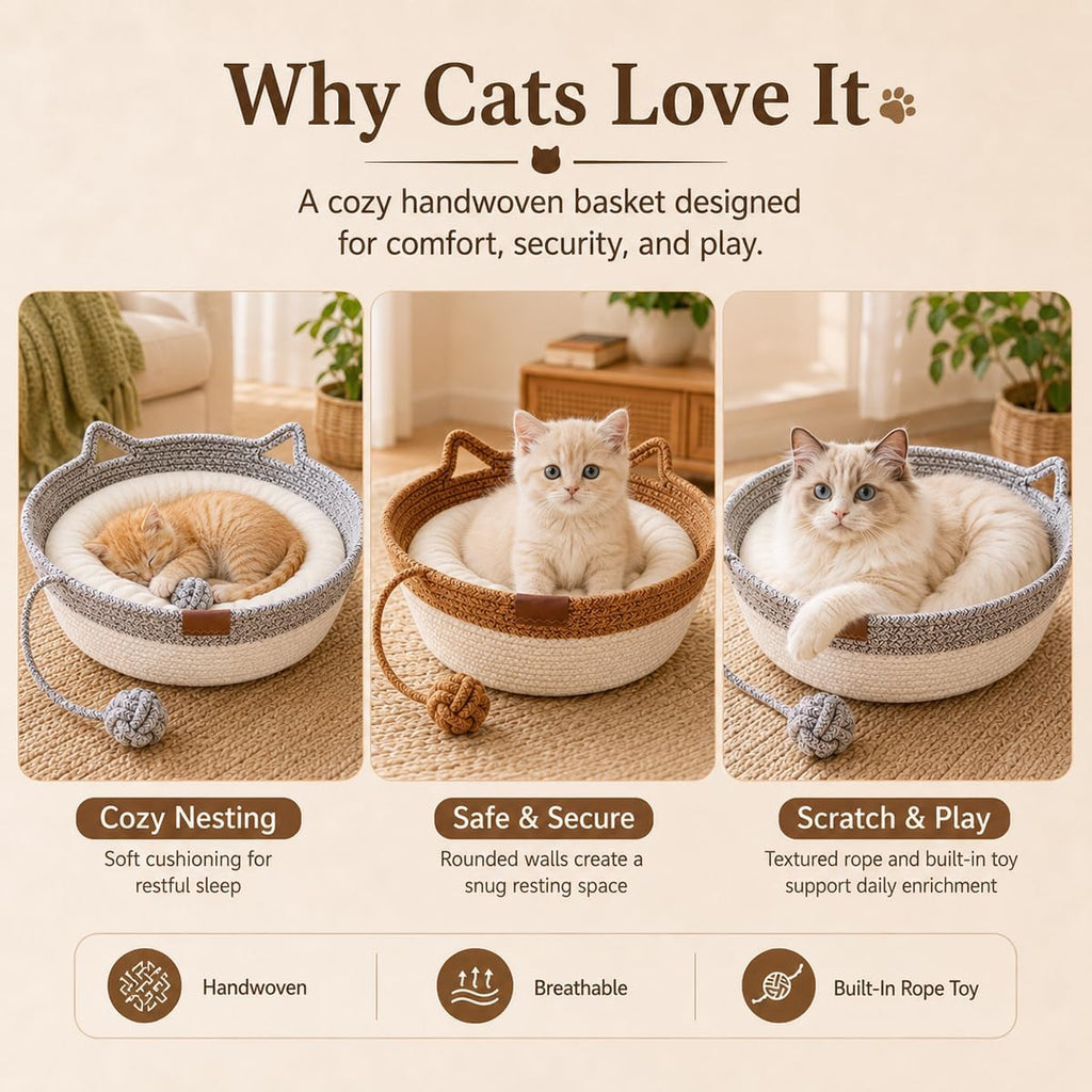 Instinct Basket for Cats, Handwoven Cotton Rope Cat Basket Bed with Toy Ball and Cat Ear Handles, Scratchable