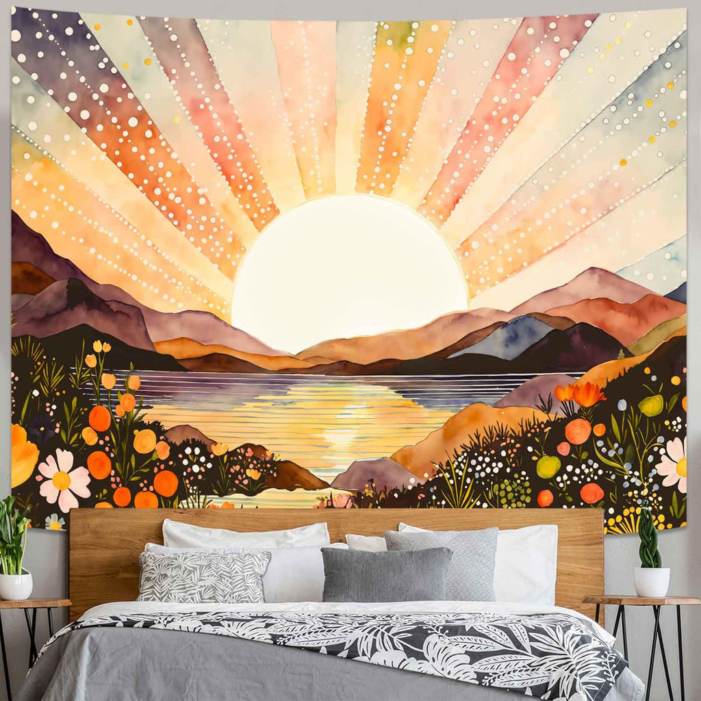 Sunburst Watercolor Tapestry - Landscape Wall Hanging with Mountains and Lake - Boho Aesthetic Decor Tapestries