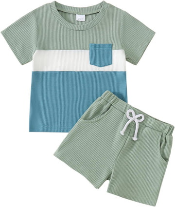 Toddler Baby Boy Summer Clothes Short Sleeve Color Block Waffle T-shirt Shorts 2pcs Outfit Set