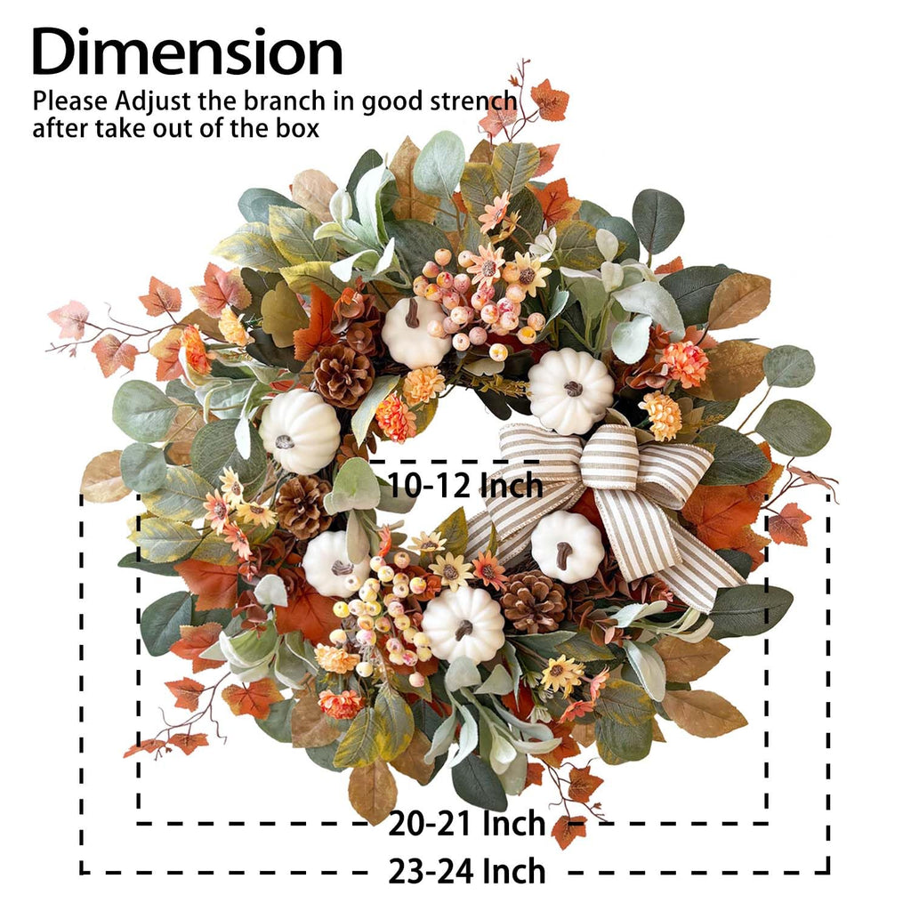 24 Inch Farmhouse Fall Wreath for Front Door with White Pumpkin