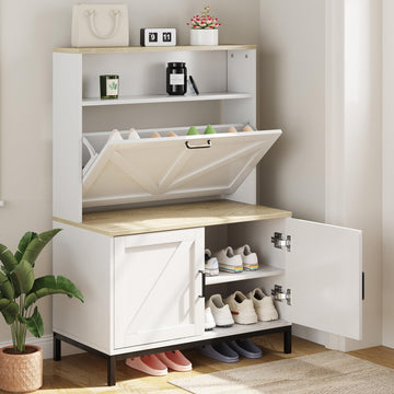 Wooden Shoe Cabinet with Flip Drawer and Doors, Narrow Shoe Rack Organizer Cabinet for Classified Storage, Farmhouse