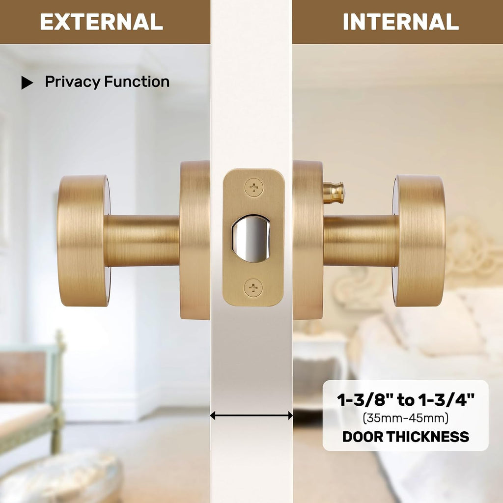 Satin Brass Door Knob Interior Privacy Door Knobs with Lock, Brushed Brass Door Knobs Modern Round Gold Door Handles