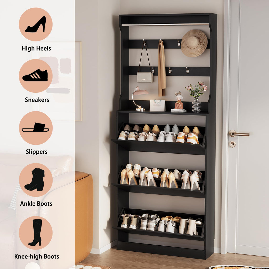 Black Hidden Shoe Cabinet with 3 Flip Drawers & Coat Rack, Entryway