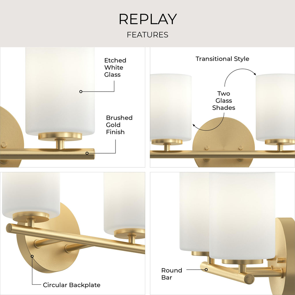Replay 13 Inch 2-Light Vanity Light, Transitional, Brushed Gold with Etched Glass Shades, (7.875" H x 13" W x 6" D)