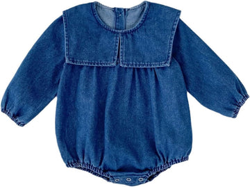 Baby Girls Denim Romper with Cute Big Collar - Spring/Fall - Runs Large