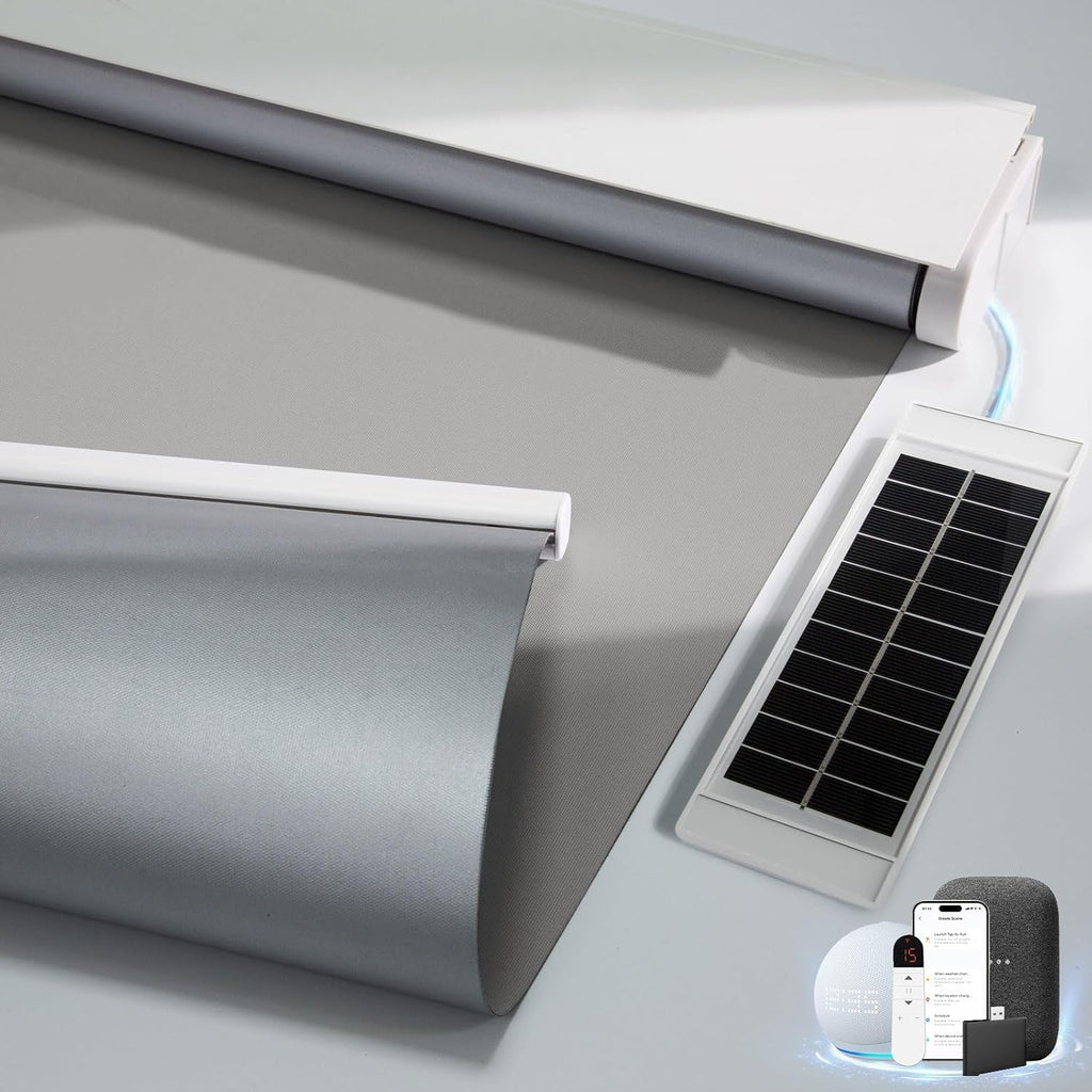 Motorized Blinds with Remote, Blackout Blinds with Solar Pan - Grey