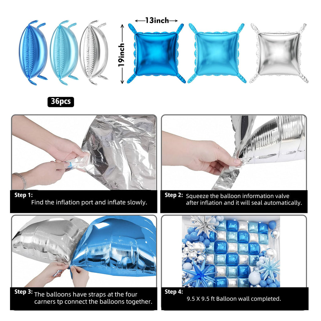 36pcs Blue and Silver Square Foil Balloons Wall Backdrop with 121pcs Balloon Garland Arch Kit, Double Sided Balloons