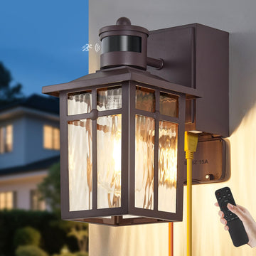 Porch Light with GFCI Outlet with Remote, Dusk to Dawn Motion Sensor Outdoor Light, Upgraded 4 Lighting Modes Brown