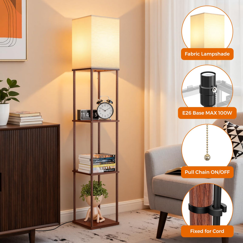 Floor Lamp with Shelves, 3-Tier Modern Square Bookshelf Standing Lamp Brown