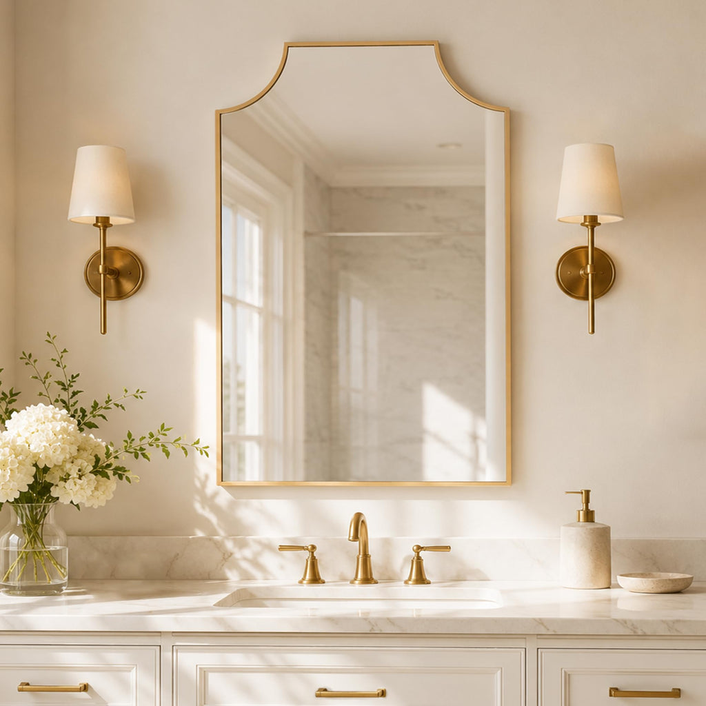 24x36 Inch Matte Gold Scalloped Arch Bathroom Vanity Mirror