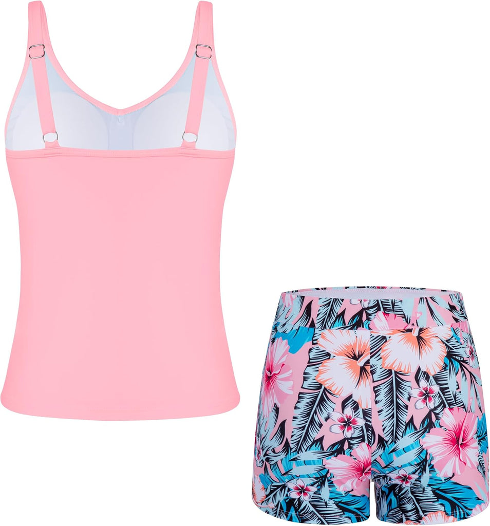 Tween Girls Tankini Swimsuit 2 Piece Bathing Suit Criss Cross Ruched Girl Swimwear with Chest Pad