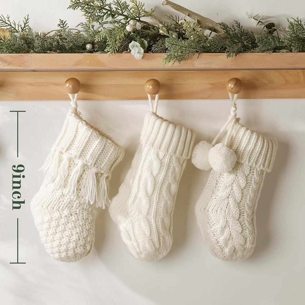 Rustic Mini Knitted Christmas Stockings: 6 Pack 9 Inch Beige Cable Knit Fireplace Stockings, Farmhouse Boho Style - Set of 6