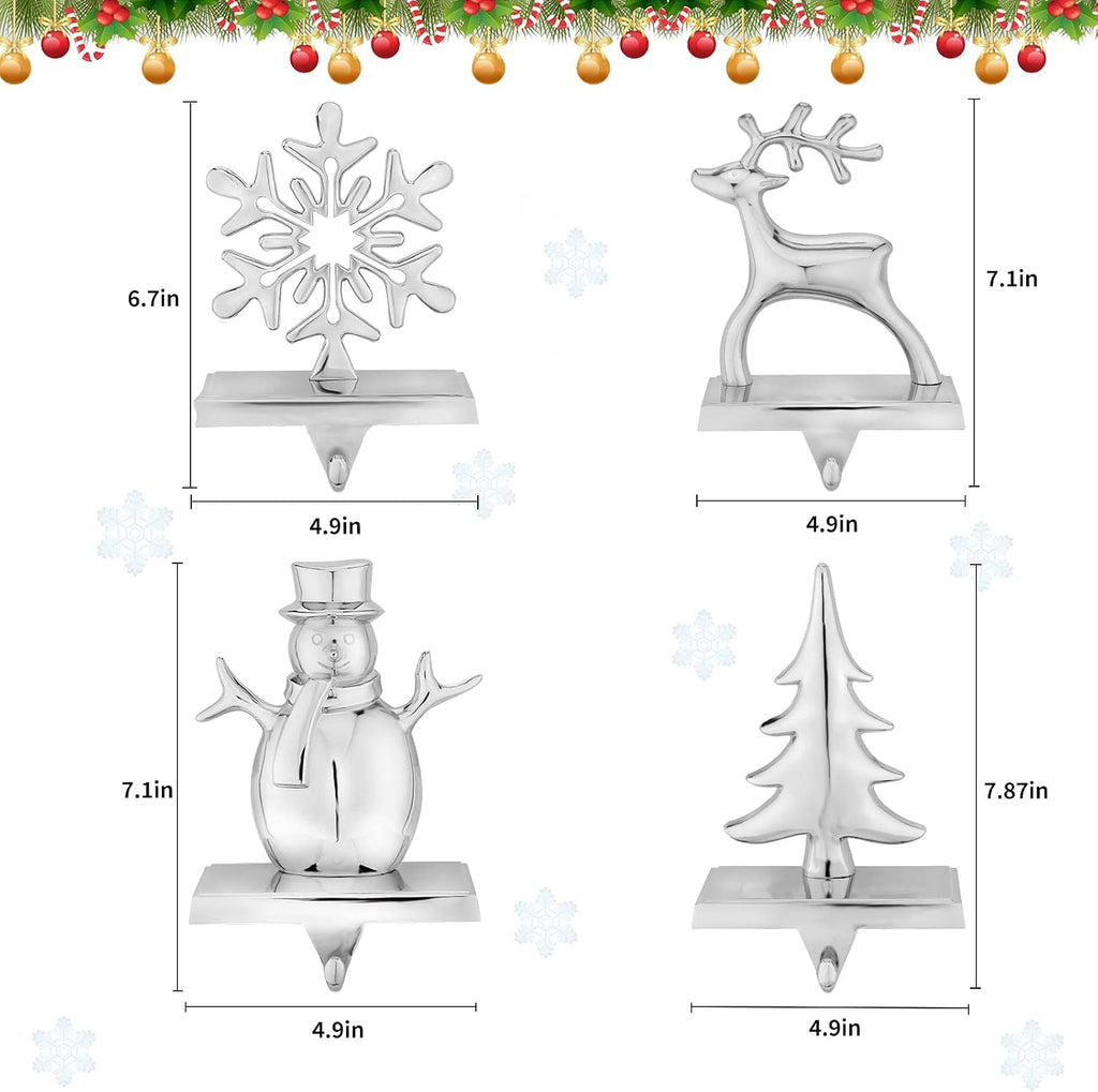 Christmas Stocking Holders for Mantel Set of 4 Reindeer Snowflake Snowman Pine Tree Vintage Metal Standing Stocking