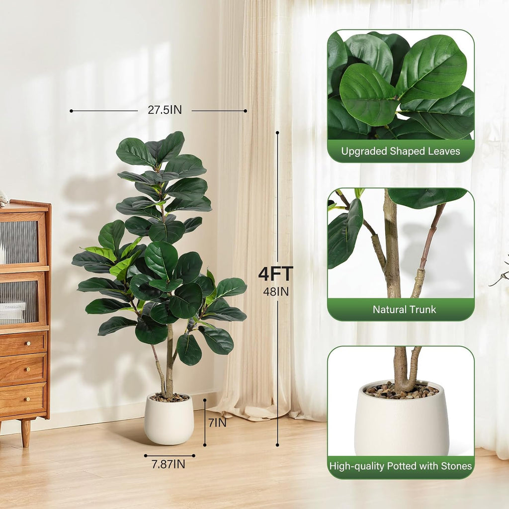 4FT Artificial Fiddle Leaf Fig Tree with White Planter - Realistic Faux Ficus Lyrata Trees with 48 Leaves, Indoor