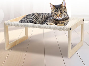 Elevated Cat Bed, Wooden Cat Hammock with Breathable Washable Cushion