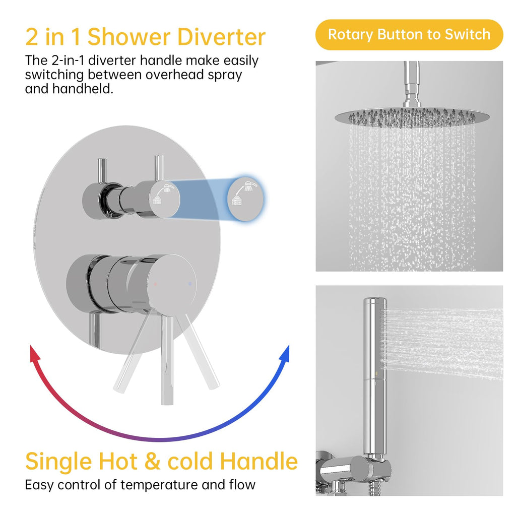 Shower System with 10 Inch Round Rain Shower Head and Handheld Wall Mounted, High Pressure Rainfall Shower Faucet