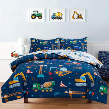 Cars Boy Bedding Comforter Set with Sheets, Full Cartoon Construction Car Excavator Print Kids Bed in
