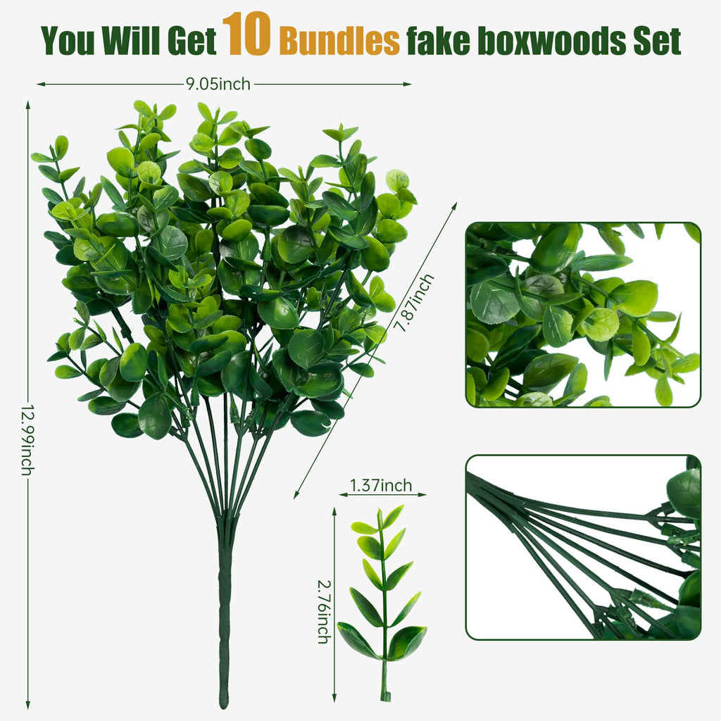 Artificial Greenery Plants Outdoor UV Resistant Fake Plants Boxwood Shrubs Grass, 10 Bundles for Farmhouse Home Garden