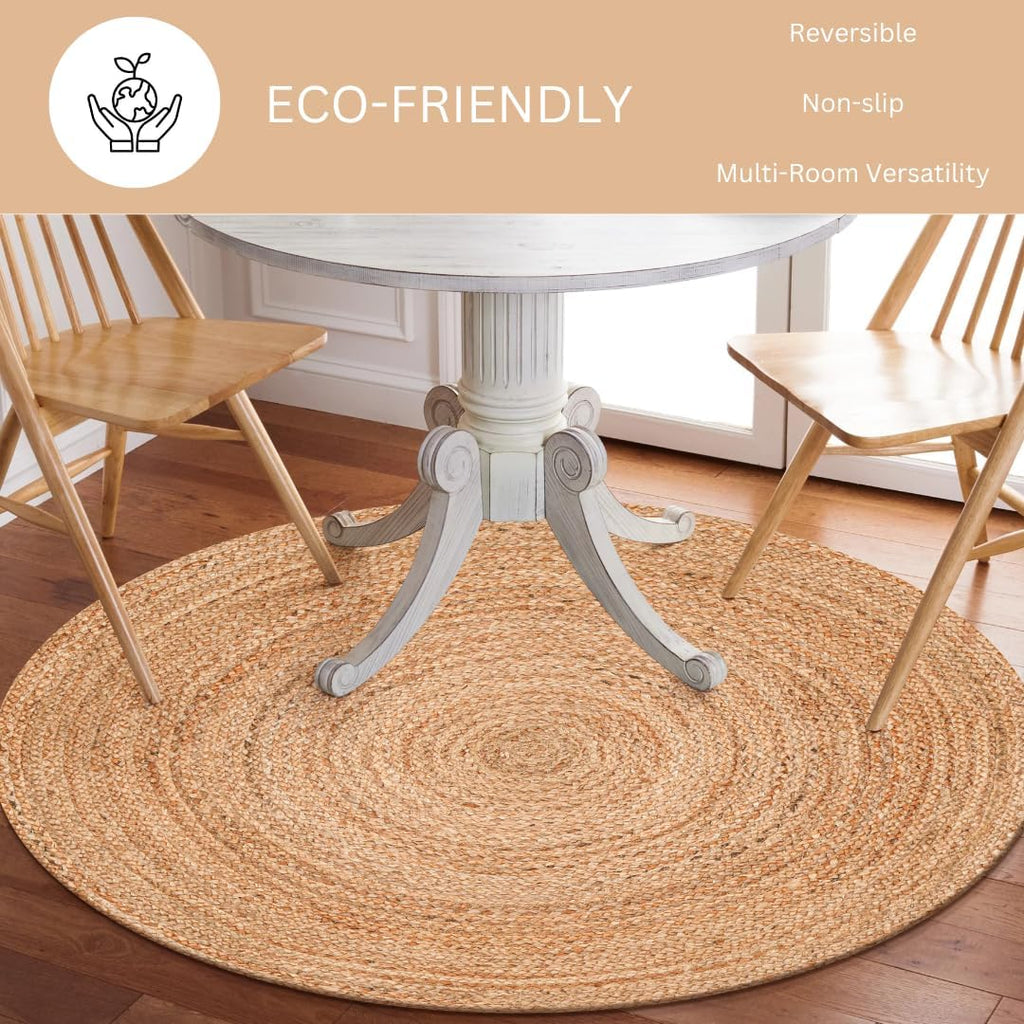 Handcrafted Jute Braided Rug 8 Feet Round - 100% Natural Jute Area Rug - Rustic Farmhouse Boho Accent Rug Bedroom