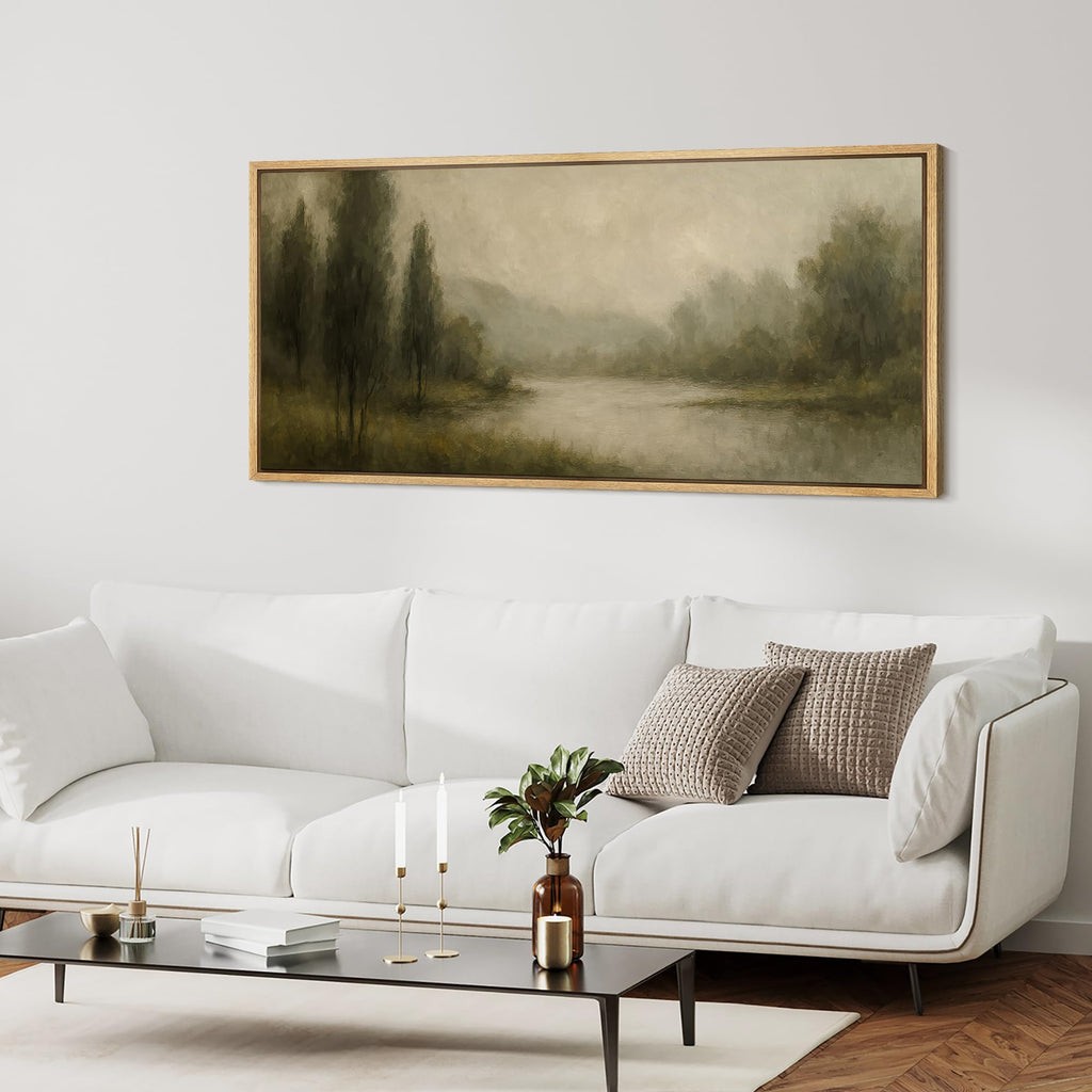 Extra Large Framed Canvas Print Wall Art Misty Forest Lake Framed Landscape Illustrations Decorative Colorful