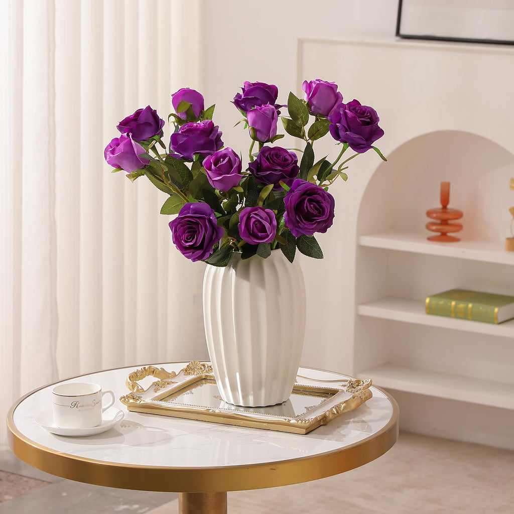 12PCS Artificial Silk Flowers Realistic Roses Bouquet Long Stem Wedding Decoration Party (Purple, 6 Flowers 6 Buds)