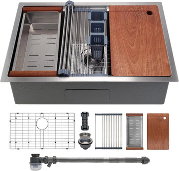 32" x 19" Multifunctional Undermount Workstation Kitchen Sink S304 Stainless Steel Handmade Modern Single Bowl