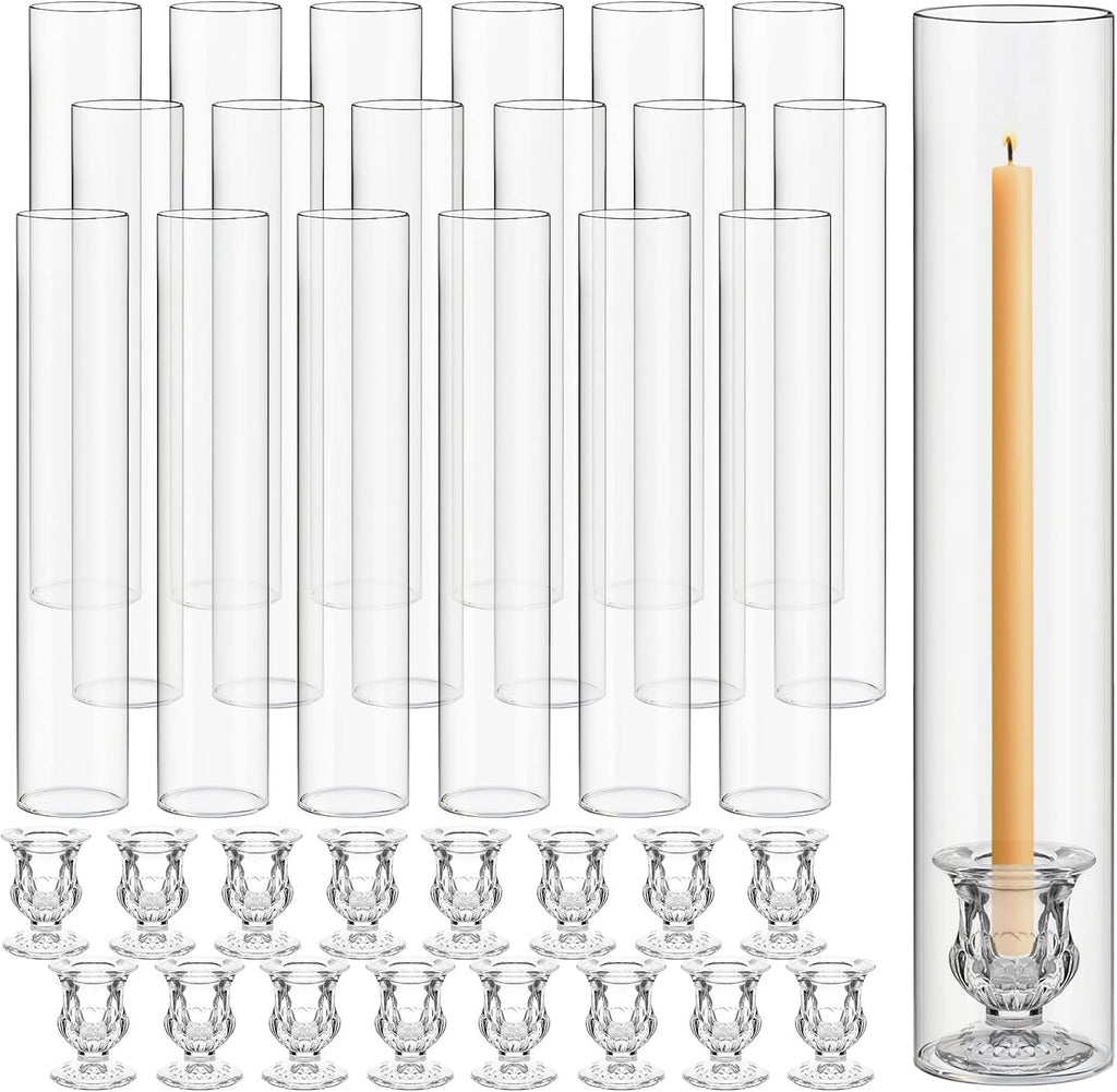 24 Set Glass Hurricane Candle Holders 11.8" Open Ended Glass Candleholder Tube Shape Bottomless and 1.9" Taper Clear