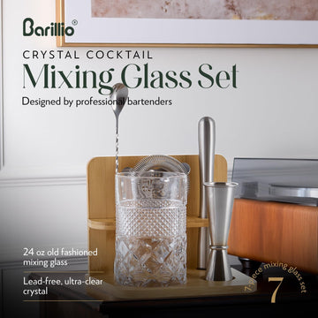 Oz Crystal Cocktail Mixing Glass with Bamboo Stand & Bar Tools | Seamless Lead-Free Crystal, Weighted Base - Set of 7