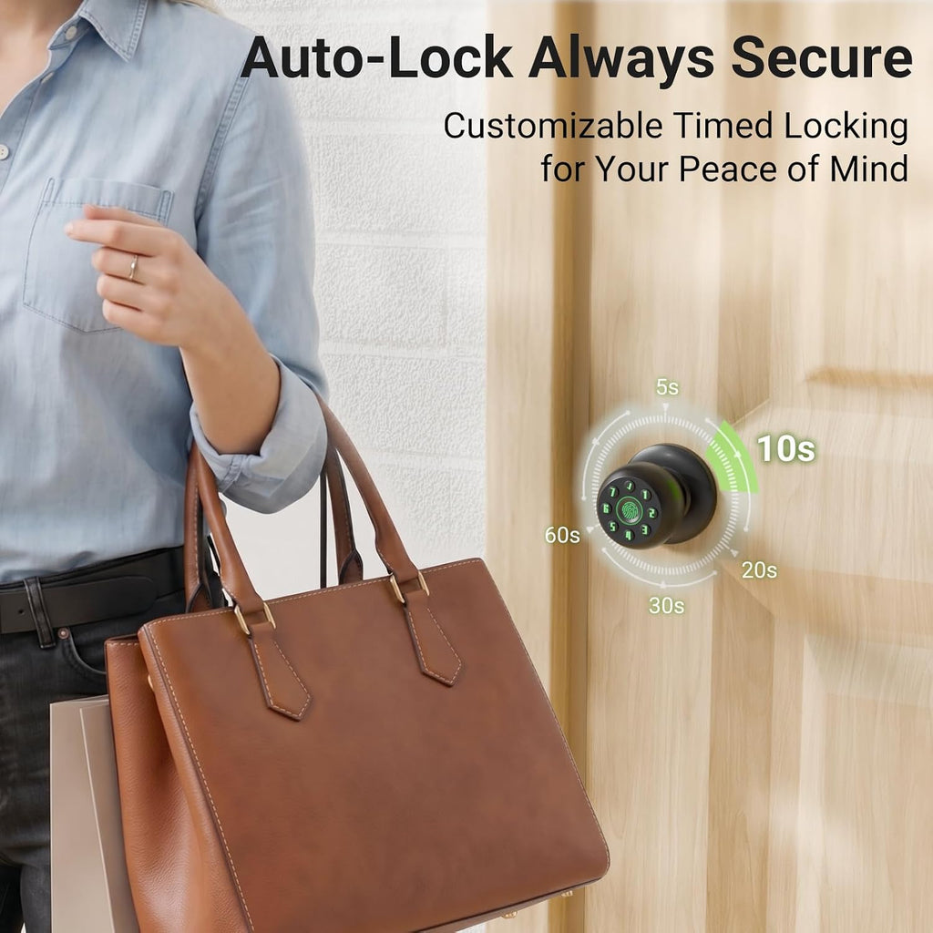 Smart Fingerprint Door Knob , Biometric Door Lock with Code & Key, Auto-Locking Thumbprint Door Knob for Interior