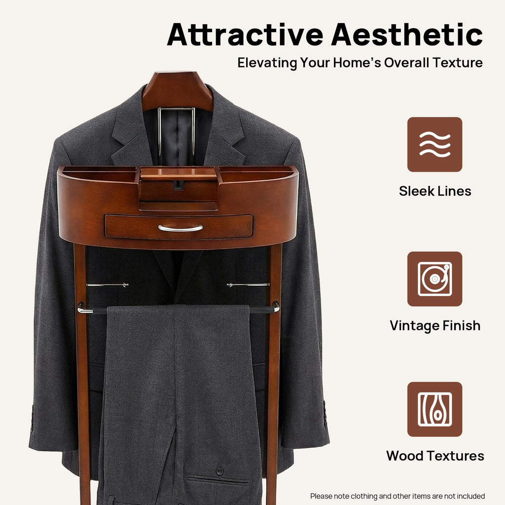 Wood Suit Valet Stand for Men, Floor Standing suit rack with Tray Drawer Practical Compartment Brown Rack Organizer