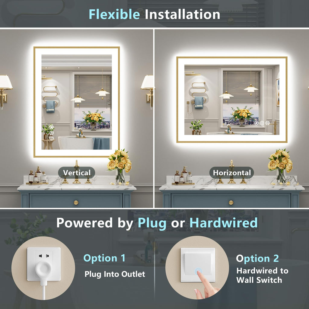 28x32 Gold LED Bathroom Mirror with Lights, Lighted Vanity Mirror