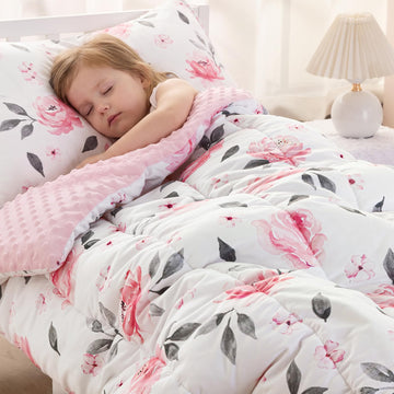 4 Piece Minky Toddler Bedding Set, Ultra Soft Fluffy Skin-Friendly Soothing Minky Dot Toddler Comforter Set, Unique