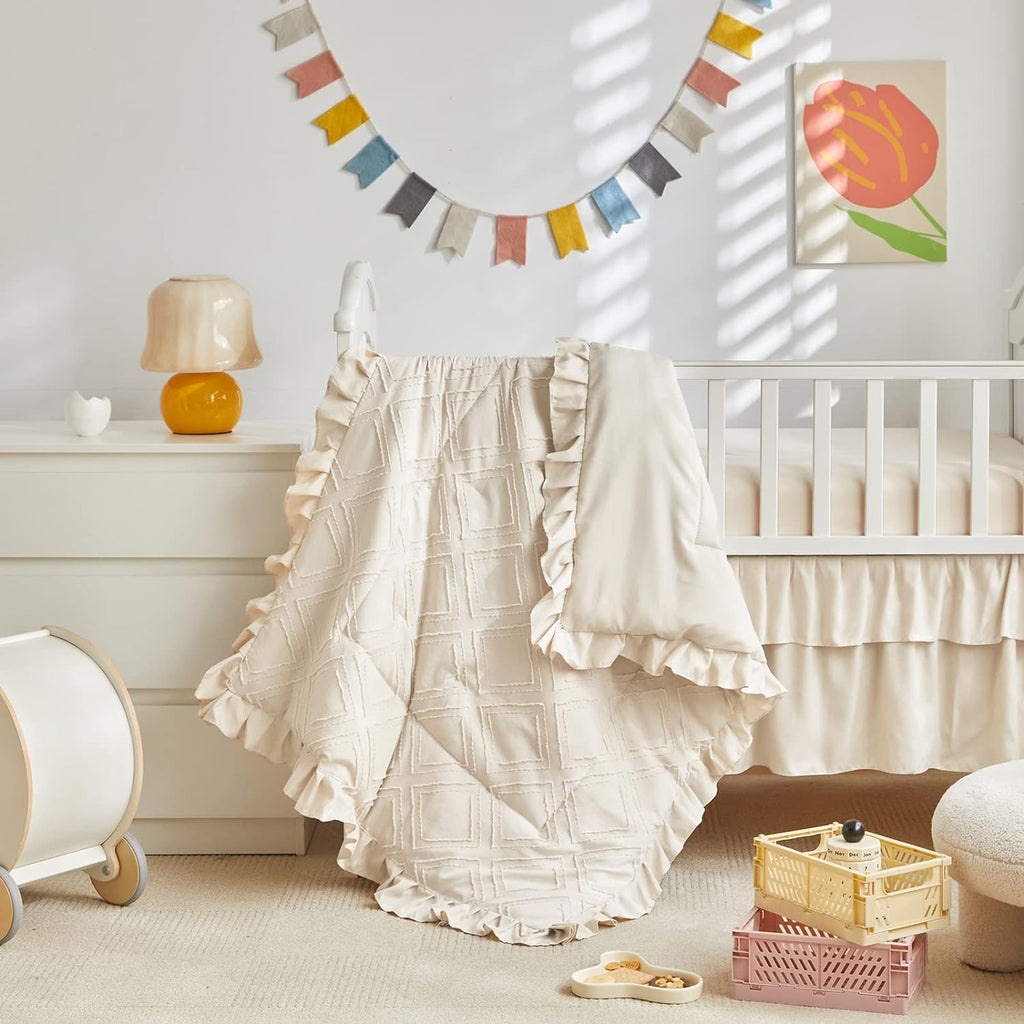 Mini Crib Bedding Set 3 Pieces Baby Boho Quilted Tufted Ruffles Comforter with Fitted Sheet and Ruffled Bed Skirt