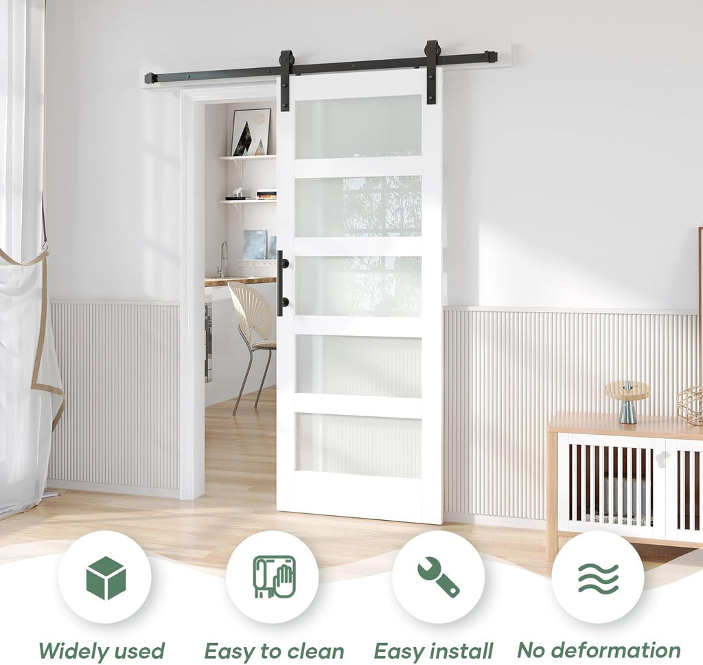 32x80 White Glass Barn Door with 5.5FT 66inch Sliding Doors Hardware Kit Included & Handle,PVC Surfa