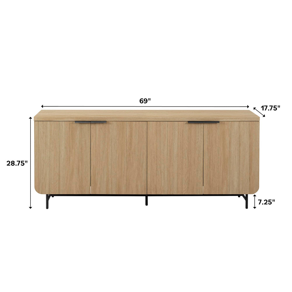 Reema Fluted 4-Door Kitchen Sideboard Buffet Console, 69 Inch, Coastal Oak
