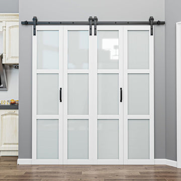 64" x 84" Frosted Glass Bifold Sliding Barn Door with Hardware Kit Included, Pre-Assembled Solid Cor