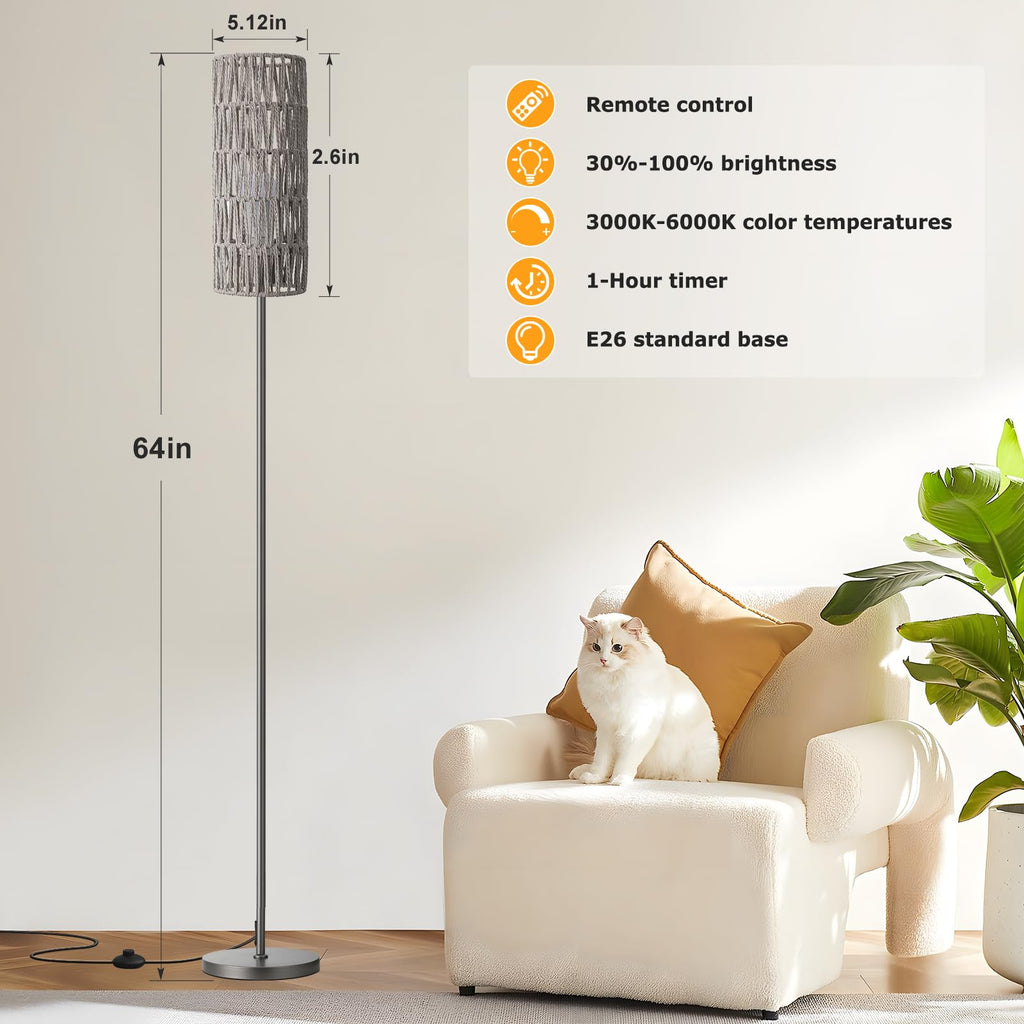64'' Floor Lamps with Remote Control and Stepless Dimmable Colors Temperature & Brightness, Boho Grey Standing Lamp