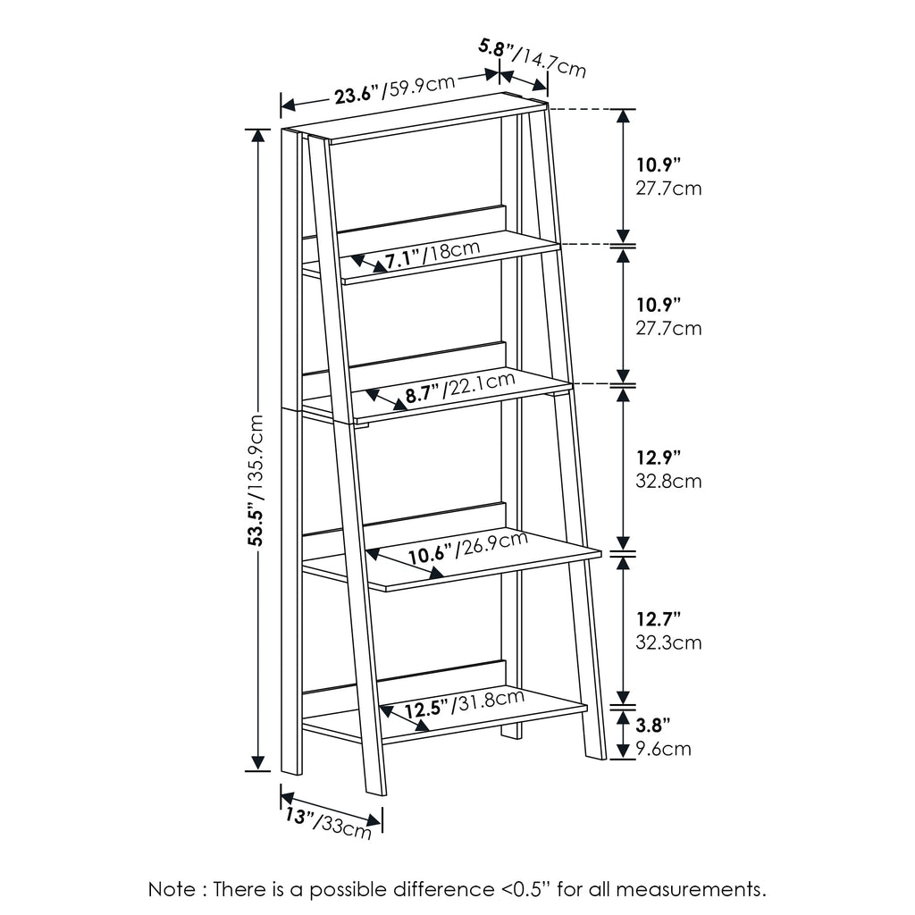 5-Tier Ladder Bookcase, Open Storage Ladder Bookshelf, Display Shelf, Book Shelf, 13 x 23.6 x 53.5, French Oak