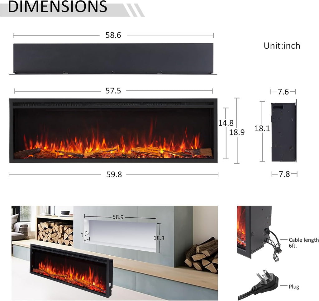 60" W Smart Wall Mount & in Wall Recessed Electric Fireplace Insert, Heater 750W/1500W