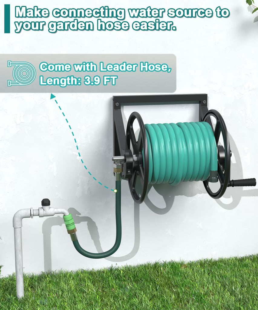 Garden Hose Reel Wall Mounted, Outdoor Heavy Duty Powder Coated Metal Water Hoses Holder Winder Holds 125 ft 5/8"