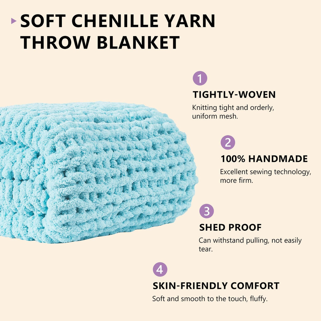Chenille Chunky Knit Blanket, Light Blue, 50x60, Heavyweight Throw Blanket Decor