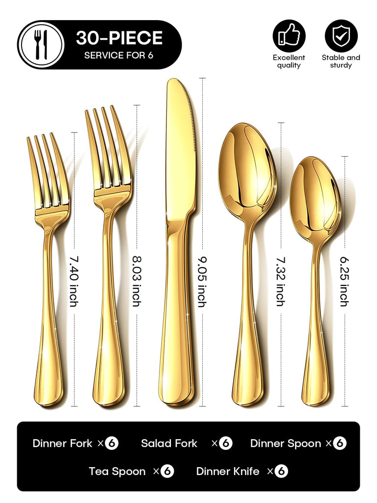 Gold Silverware Set, 30 Piece Flatware Set for 6, Mirror Polished Food-Grade Stainless Steel Cutlery Utensil Set