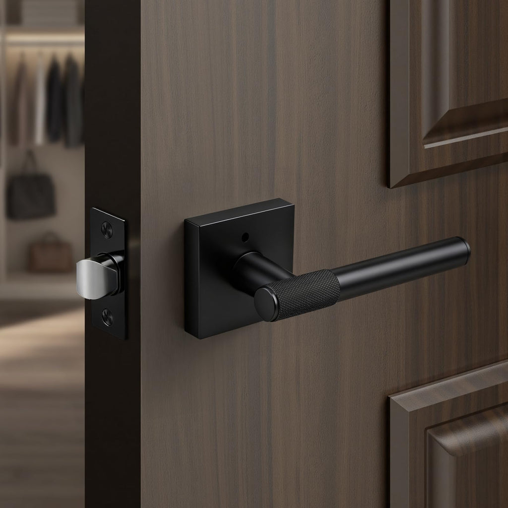 Door Handle Matte Black Finish, Modern Knurled Design Door Knob, Interior Privacy Lock for Left and Right Sided