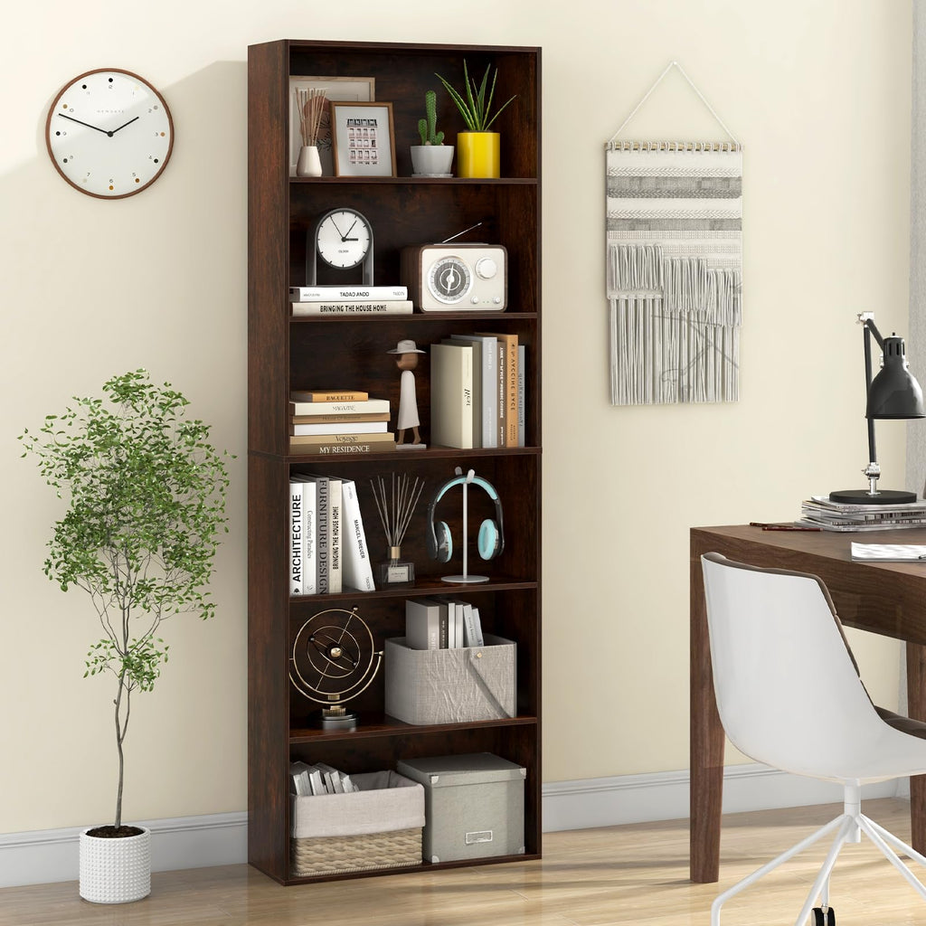 6-Tier Bookcase, 70" Tall Wooden Bookshelf, Freestanding Storage Organizer w/Open Shelves, Anti-Tipping Kits, Modern