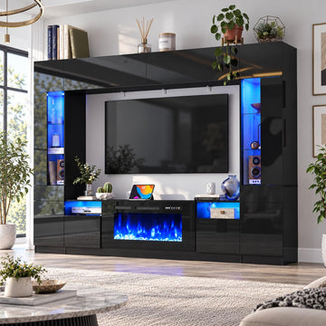 107" Wall Unit Entertainment Center with Fireplace for 85 inch TV, Modern High Glossy TV Stand with LED Lights, Media