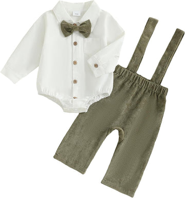 Infant Baby Boy Outfits Suit Bowtie Dress Romper+Suspender Overalls Pants Set Gentleman Wedding Clothes Formal