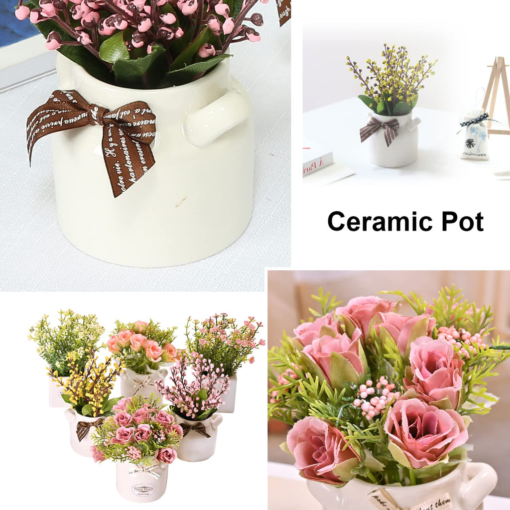 6Pcs Artificial Flowers with Ceramic Pot, Faux Flowers in Vase
