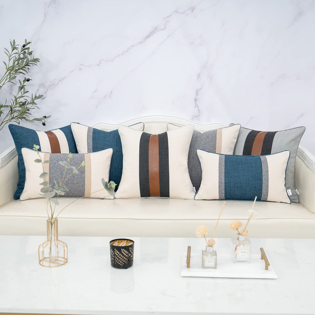 Patchwork Pillow Cover 18x18 Inch Luxury Cotton and Linen Cushion Cover Faux Leather Pillowcover for Couch Bedroom