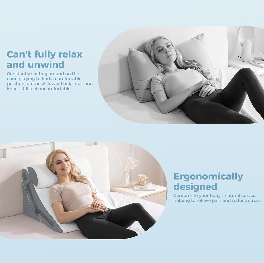 Orthopedic Bed Wedge Pillow Set Memory Foam Infinitely Adjustable Angles Triangle Pillow for Leg Knee Support Sleep