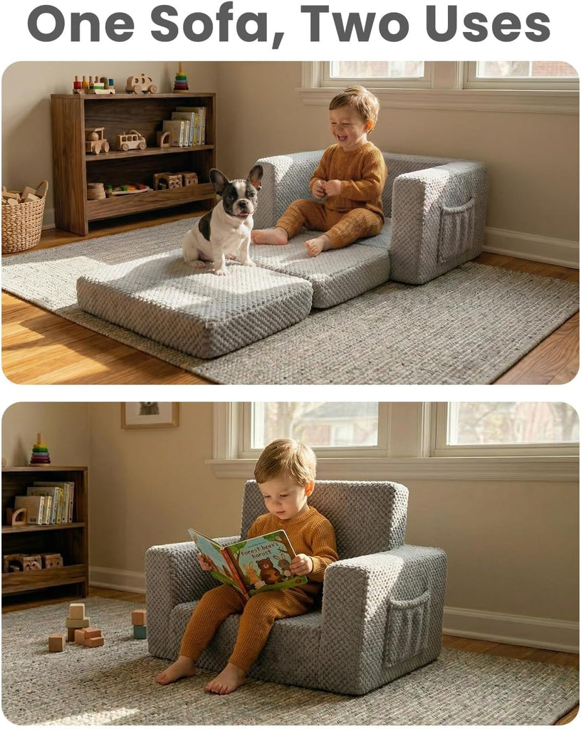 Sherpa Kids Couch, in-1 Fold-Out Comfy Chair for 3+ Years Old, Grey